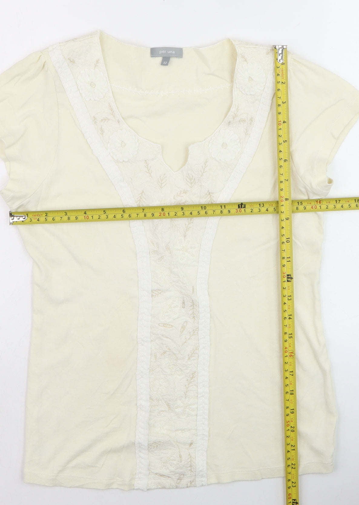 Marks and Spencer Per Una Women’s Ivory Embroidered V-Neck T-Shirt Size 12