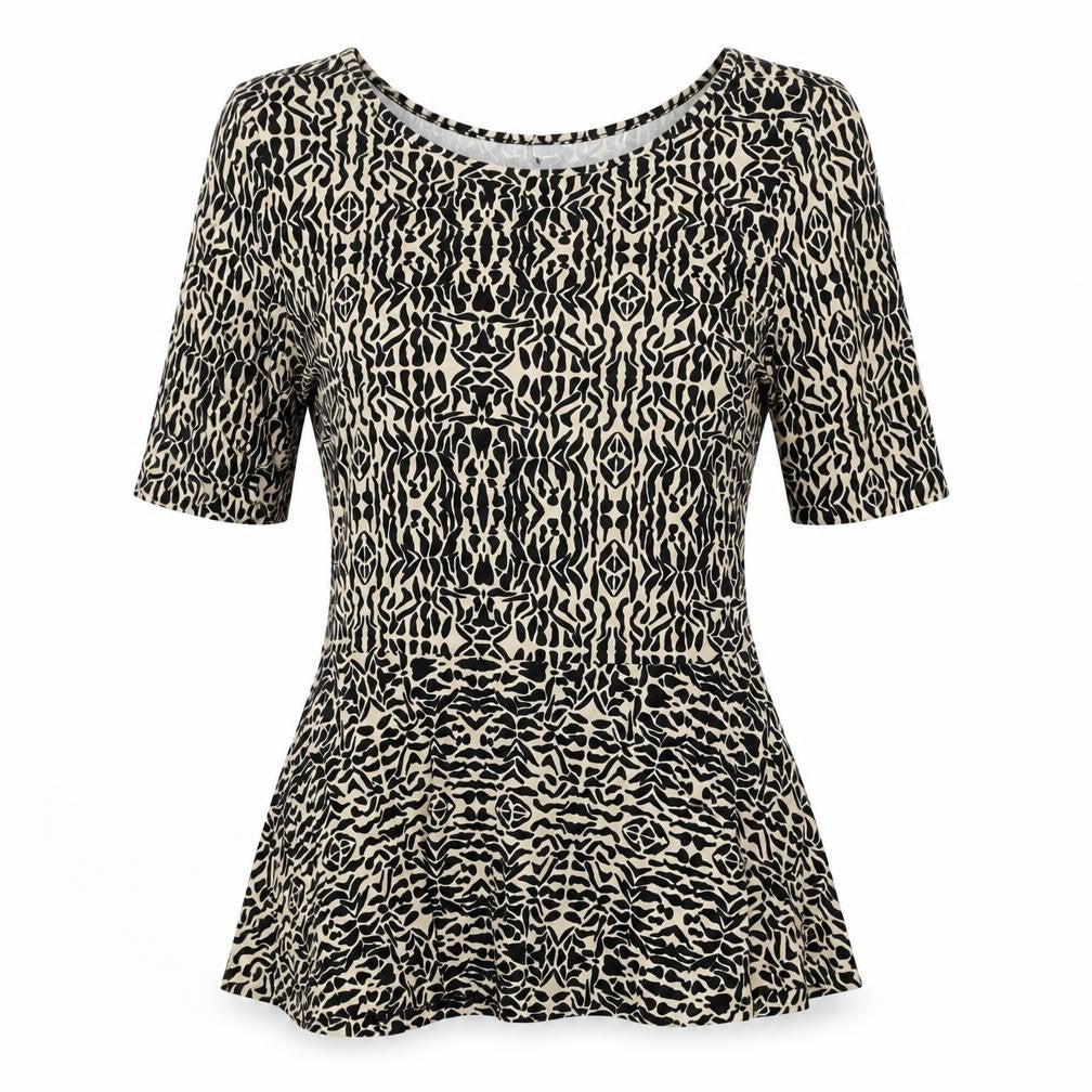 Front view of Marks & Spencer Women's Beige Black Peplum Top, size 8