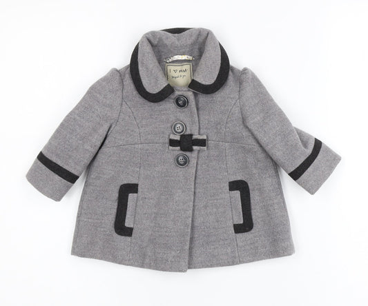 Next Girls Grey Mid-Length Bow Trim Wool Look Coat 2XS 3-6 Months