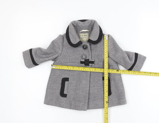 Next Girls Grey Mid-Length Bow Trim Wool Look Coat 2XS 3-6 Months
