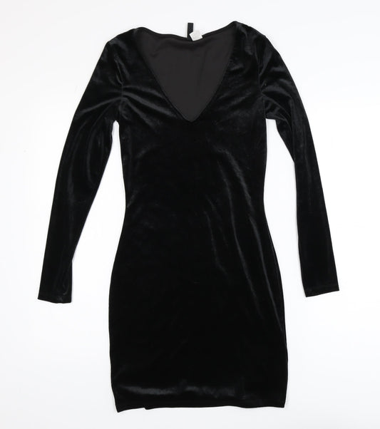 H&M Divided Women’s Black Velvet Bodycon Dress Size 8 Long Sleeve