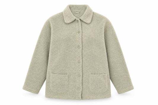 EWM Womens Beige Fleece Mid-Length Button Jacket Size 14