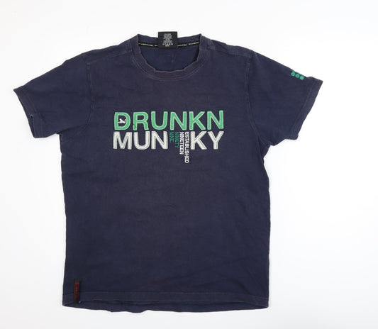 Drunknmunky Men's Navy Blue Crew Neck Cotton Graphic T-Shirt - Large
