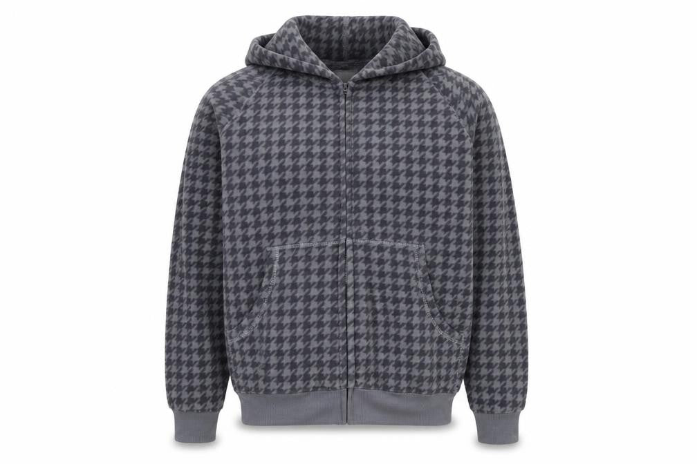 Cotton Traders Men's Grey Houndstooth Fleece Hooded Jacket Size M