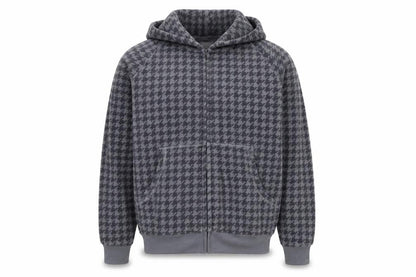 Cotton Traders Men's Grey Houndstooth Fleece Hooded Jacket Size M