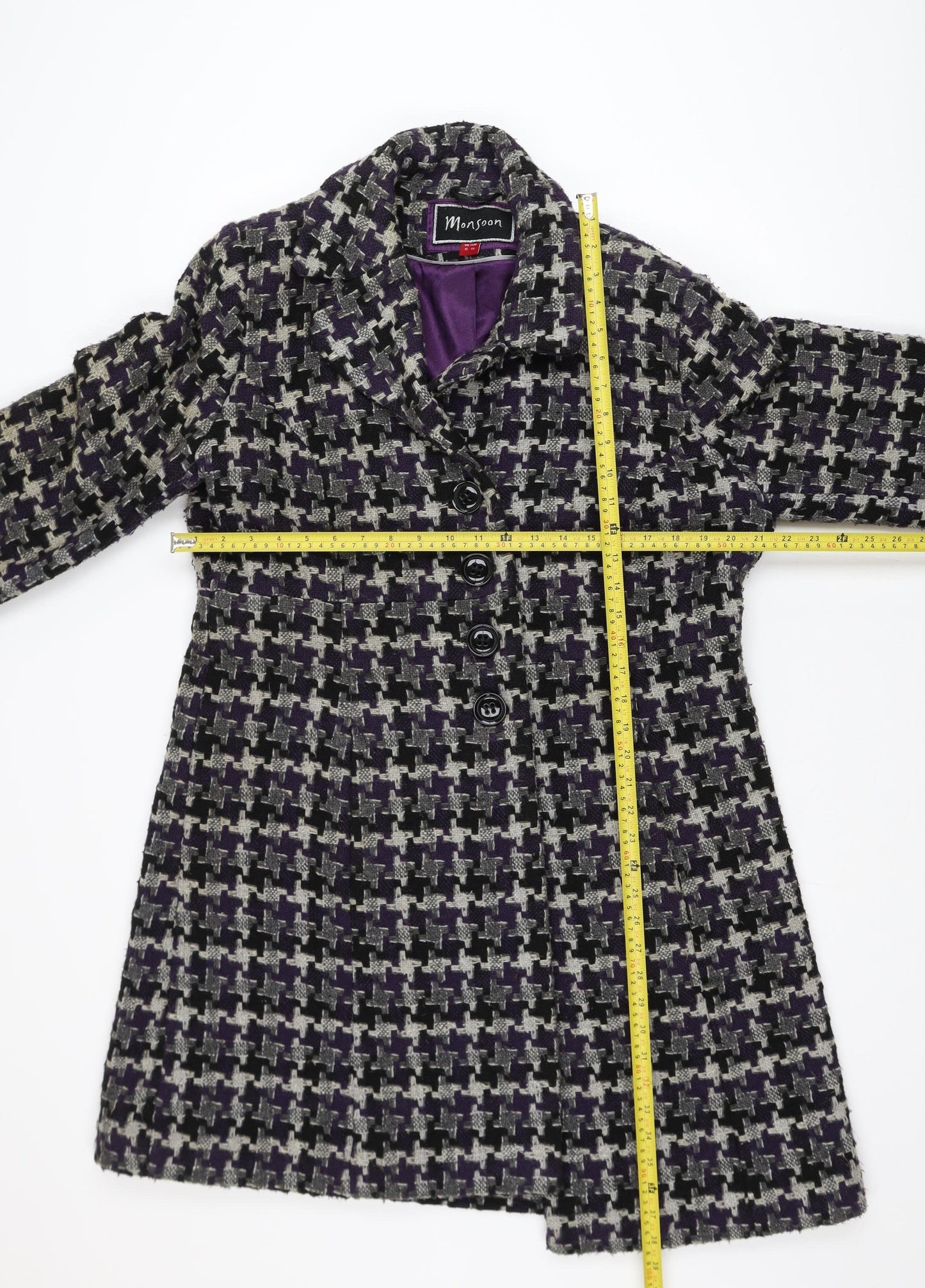 Monsoon Women’s Purple Wool Tweed Check Coat Size 18