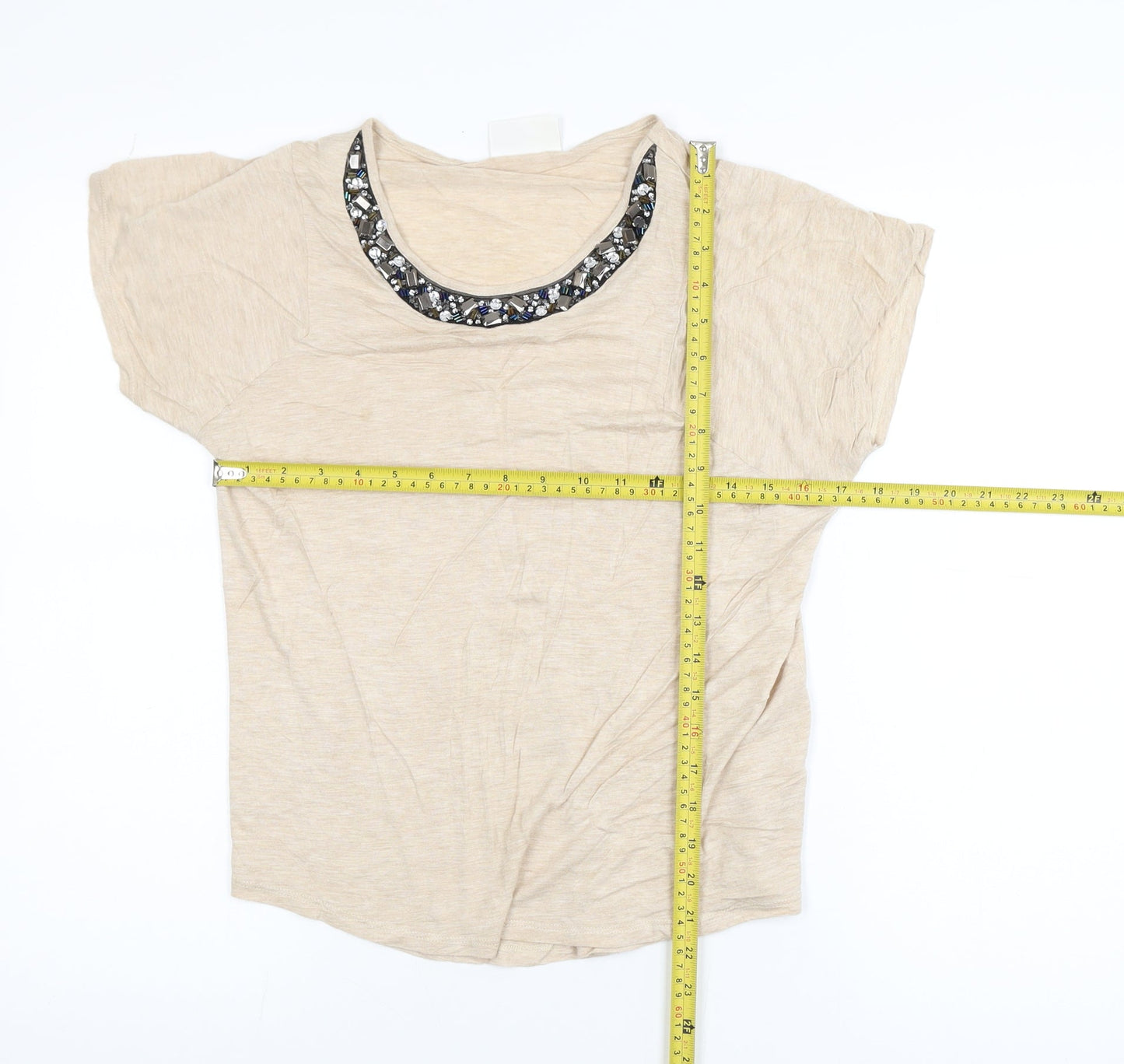 Next Women Beige Beaded Round Neck Short Sleeve Basic T-Shirt Size 10