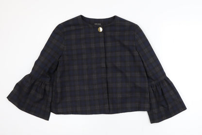 Zara Women Blue Check Short Blazer Size S Classic Button Jacket