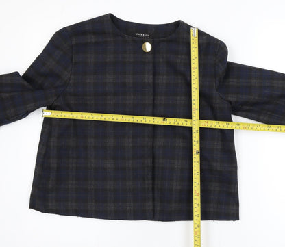Zara Women Blue Check Short Blazer Size S Classic Button Jacket