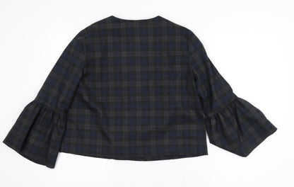 Zara Women Blue Check Short Blazer Size S Classic Button Jacket