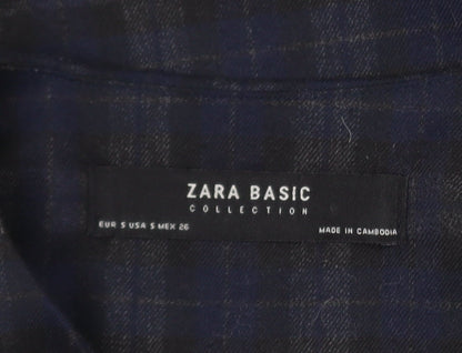 Zara Women Blue Check Short Blazer Size S Classic Button Jacket
