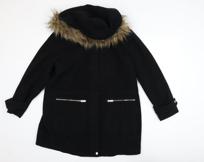 New Look Maternity Black Faux Fur Hooded Mid-Length Coat UK 12