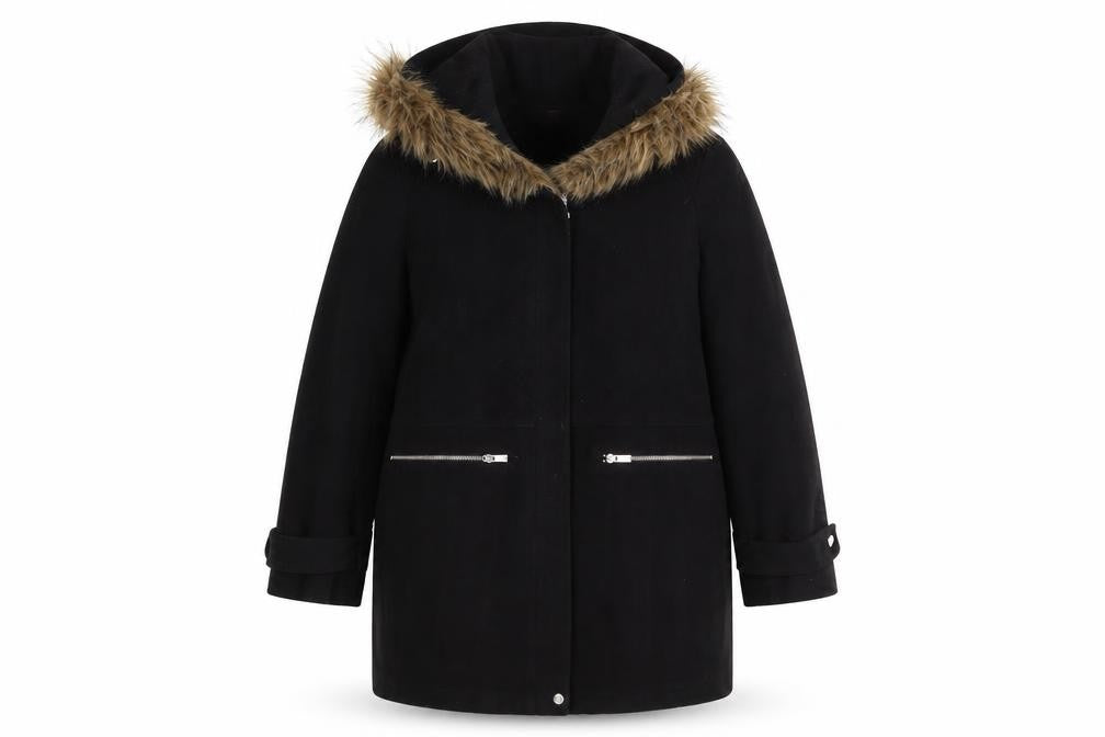 New Womens Look Maternity Black Faux Fur Hooded Mid-Length Coat UK 12