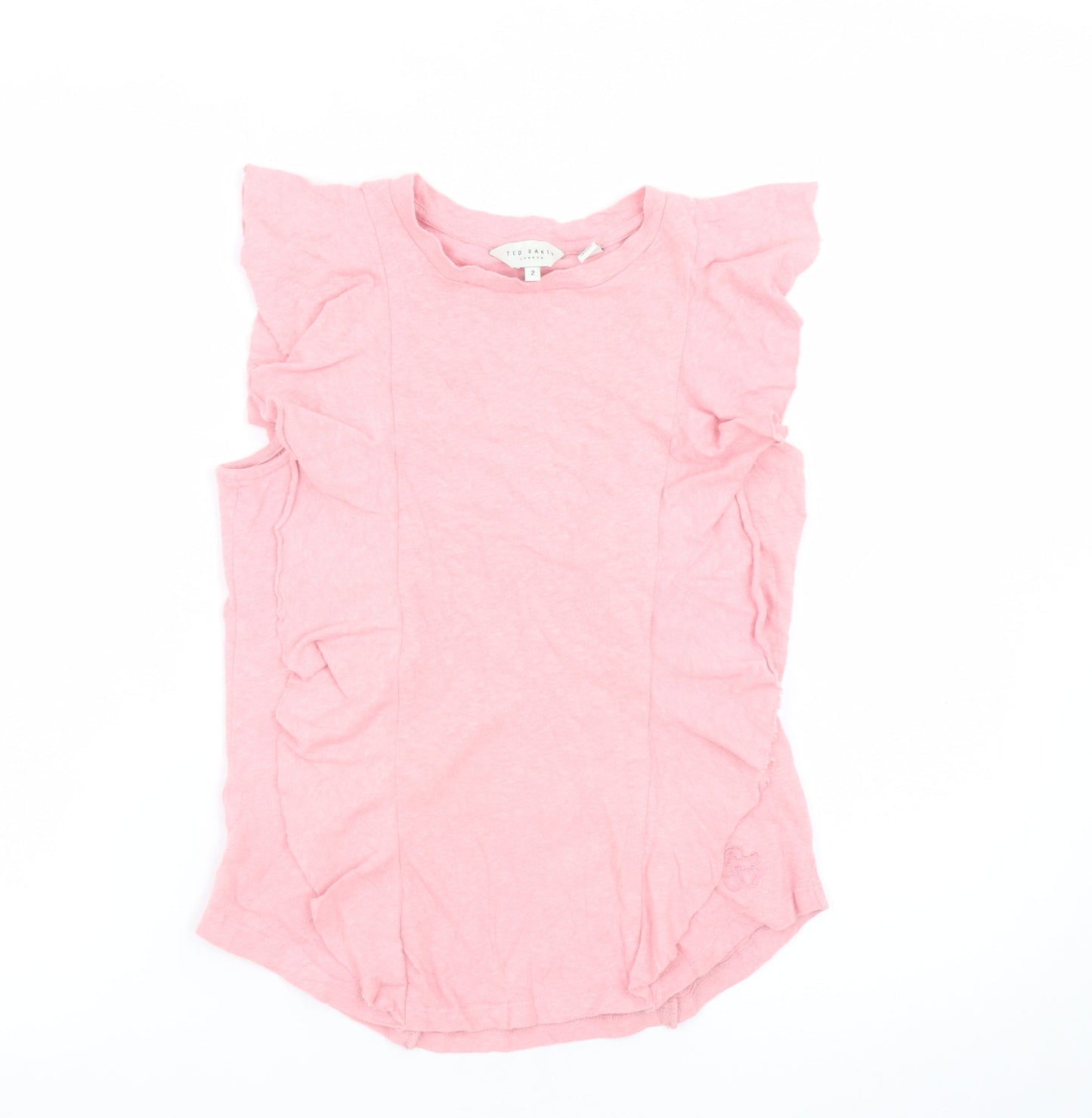 Ted Baker Women’s Pink Ruffle Sleeve Linen Cotton T-Shirt Size 10