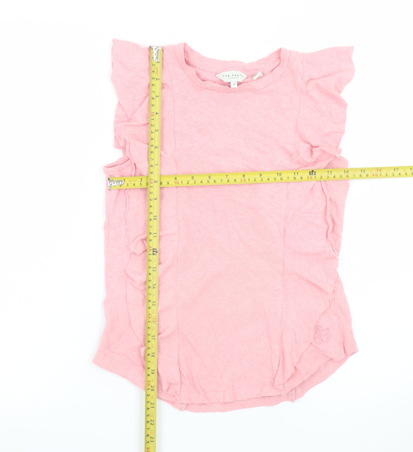 Ted Baker Women’s Pink Ruffle Sleeve Linen Cotton T-Shirt Size 10