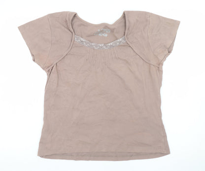 M&Co Women’s Brown XL Cotton Lace Trim Short Sleeve T-Shirt