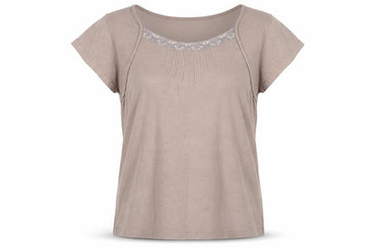 Front view of M&Co Women’s Brown XL Cotton Lace Trim Short Sleeve T-Shirt
