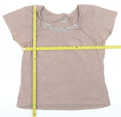 M&Co Women’s Brown XL Cotton Lace Trim Short Sleeve T-Shirt