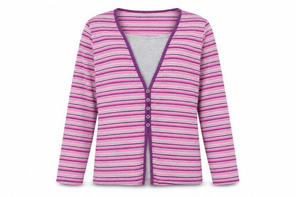 Front view of Bonmarché Women’s Multicoloured Striped V-Neck Long Sleeve Button-Up Top, size L