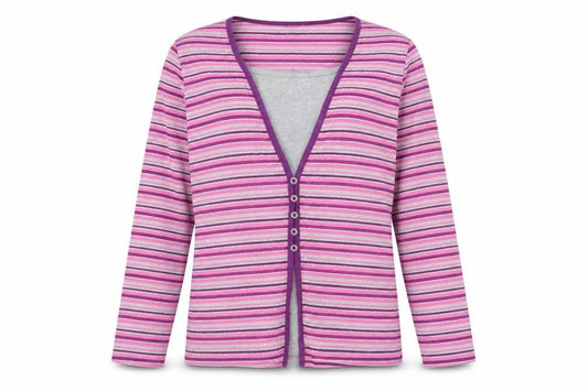 Front view of Bonmarché Women’s Multicoloured Striped V-Neck Long Sleeve Button-Up Top, size L