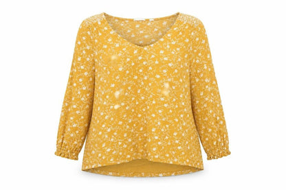 Fat Face Women Yellow Floral Long Sleeve Blouse UK 12 Cotton Modal