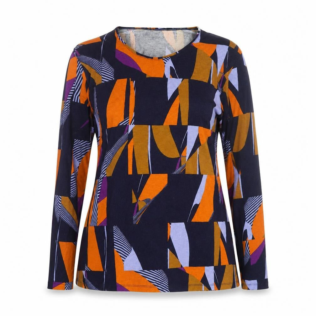 Front view of Sunday Women's Multicoloured Geometric Long Sleeve Viscose Jersey Blouse, size L