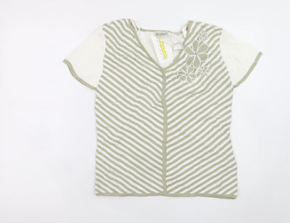 Roman Originals Women Beige Striped V-Neck Embroidered Short Sleeve T-Shirt Size S