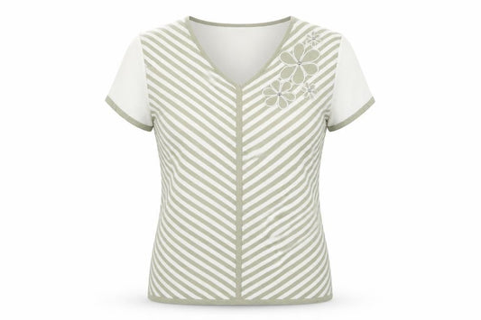 Roman Originals Women Beige Striped V-Neck Embroidered Short Sleeve T-Shirt Size S