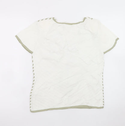 Roman Originals Women Beige Striped V-Neck Embroidered Short Sleeve T-Shirt Size S