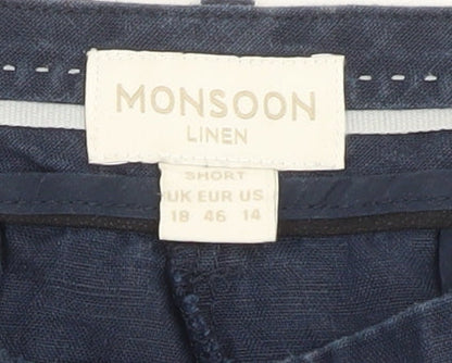 Monsoon Women’s Blue Linen Cropped Wide-Leg Trousers Size 18