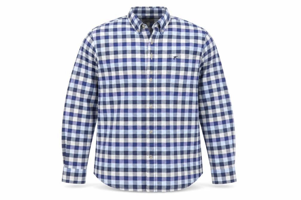 Front view of Racing Green Men's Blue Check Cotton Long Sleeve Dress Shirt XL