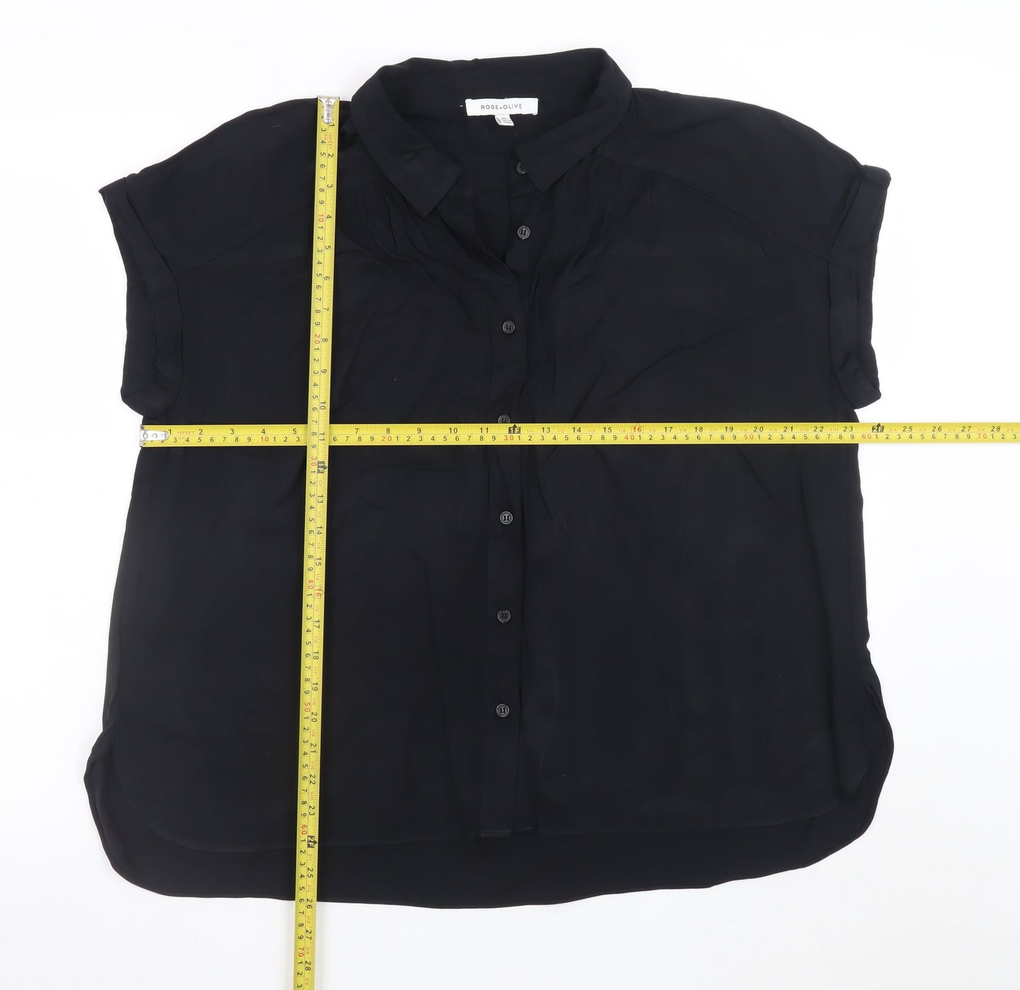 Rose + Olive Women's Black Collared Short Sleeve Rayon Blouse XL