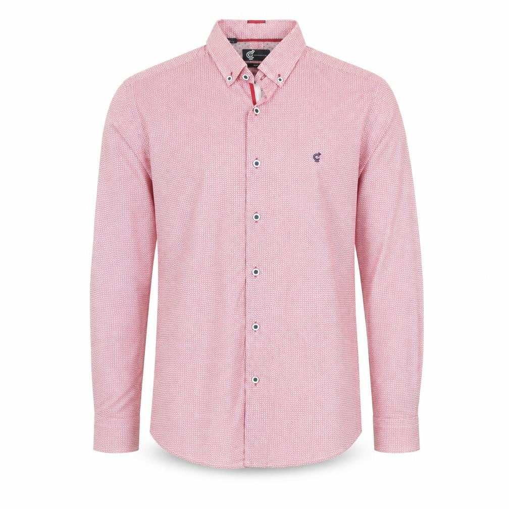 Front view of C&A Men’s Red Slim Fit Geometric Long Sleeve Button-Up Shirt, size 16.5