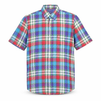 Front view of Dario Beltran Men's Multicoloured Plaid Button-Down Short Sleeve Cotton Shirt M