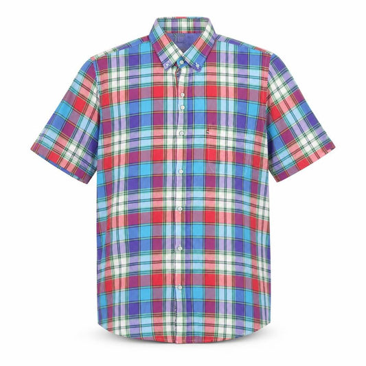 Front view of Dario Beltran Men's Multicoloured Plaid Button-Down Short Sleeve Cotton Shirt M