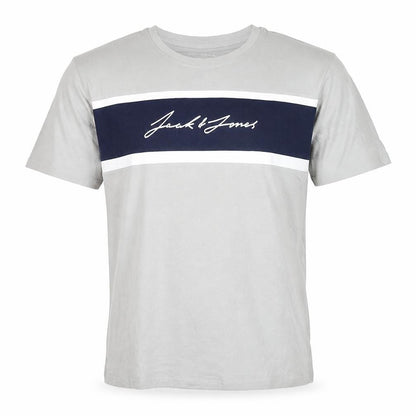 Front view of Jack & Jones Men's Grey Colourblock Logo Crew Neck T-Shirt XL
