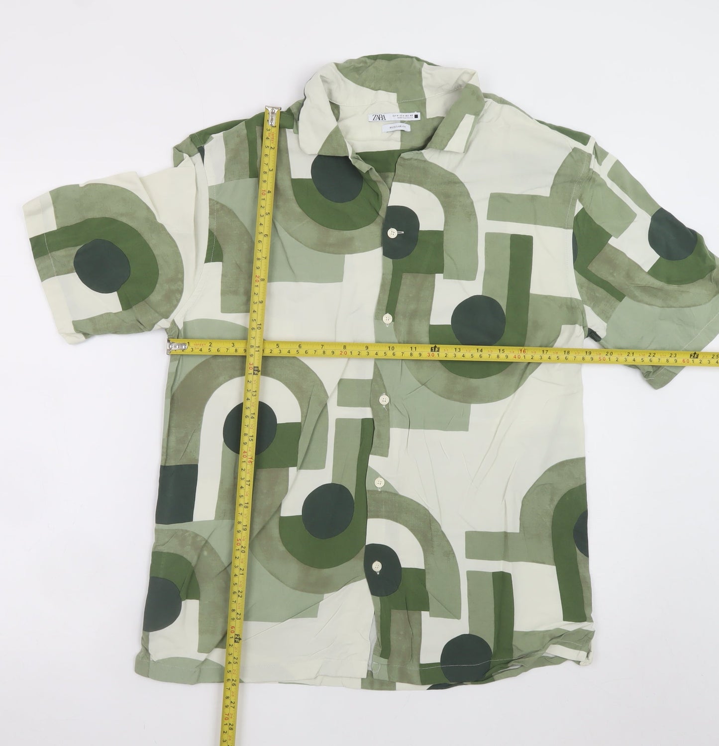 Zara Men Green Geometric Print Regular Fit Short Sleeve Shirt Size M