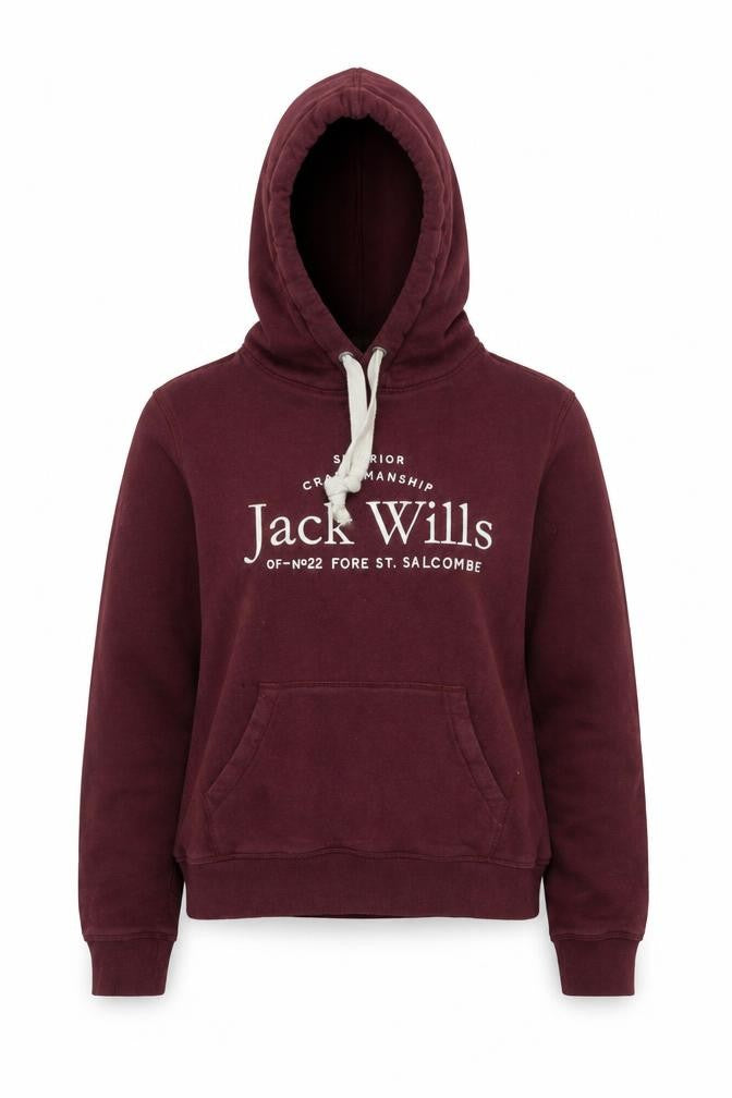 Front view of Jack Wills women’s burgundy hoodie uk 12 pullover hooded sweatshirt