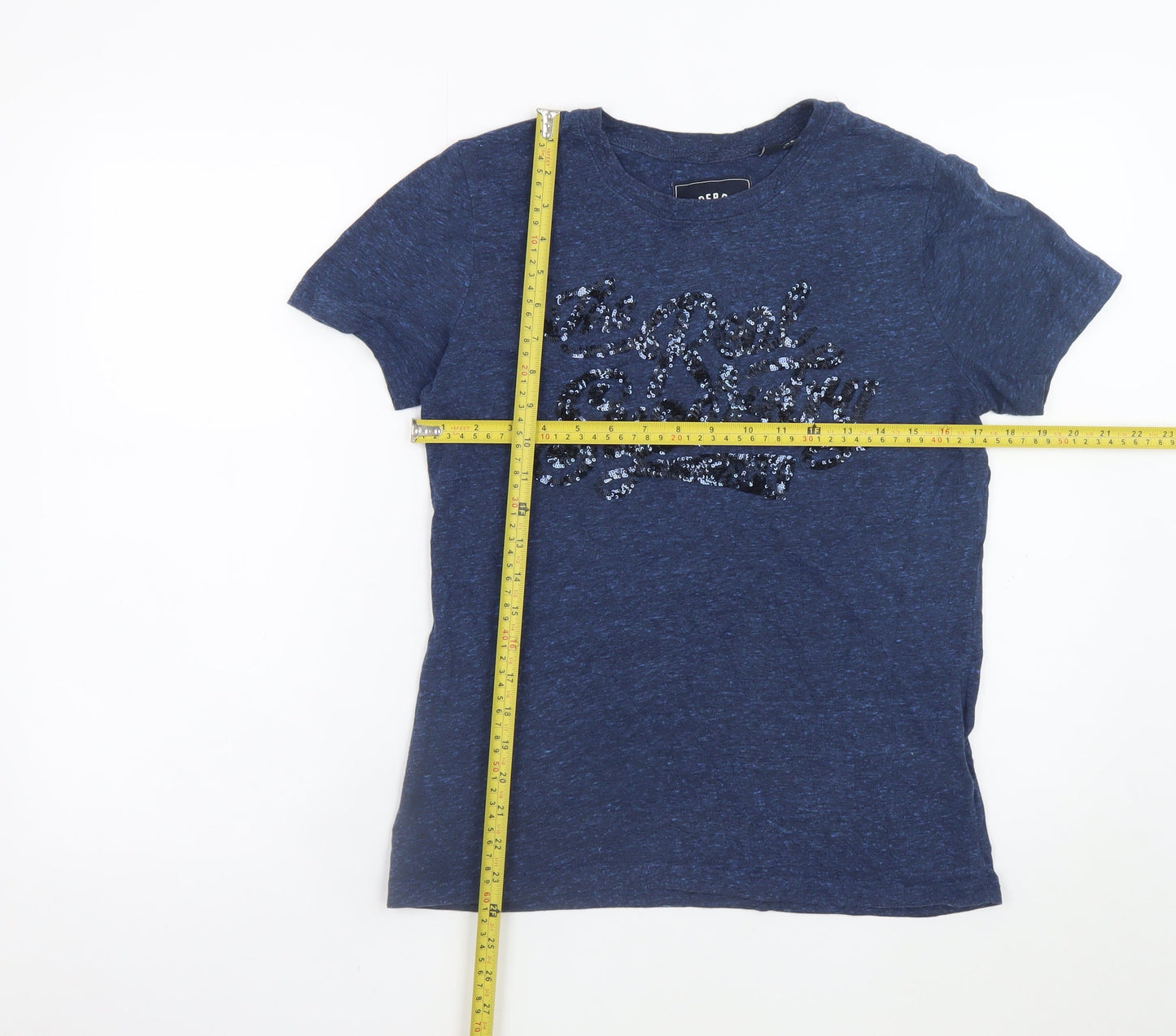 Superdry Womens Blue Sequin Logo T-Shirt Size 10 Short Sleeve