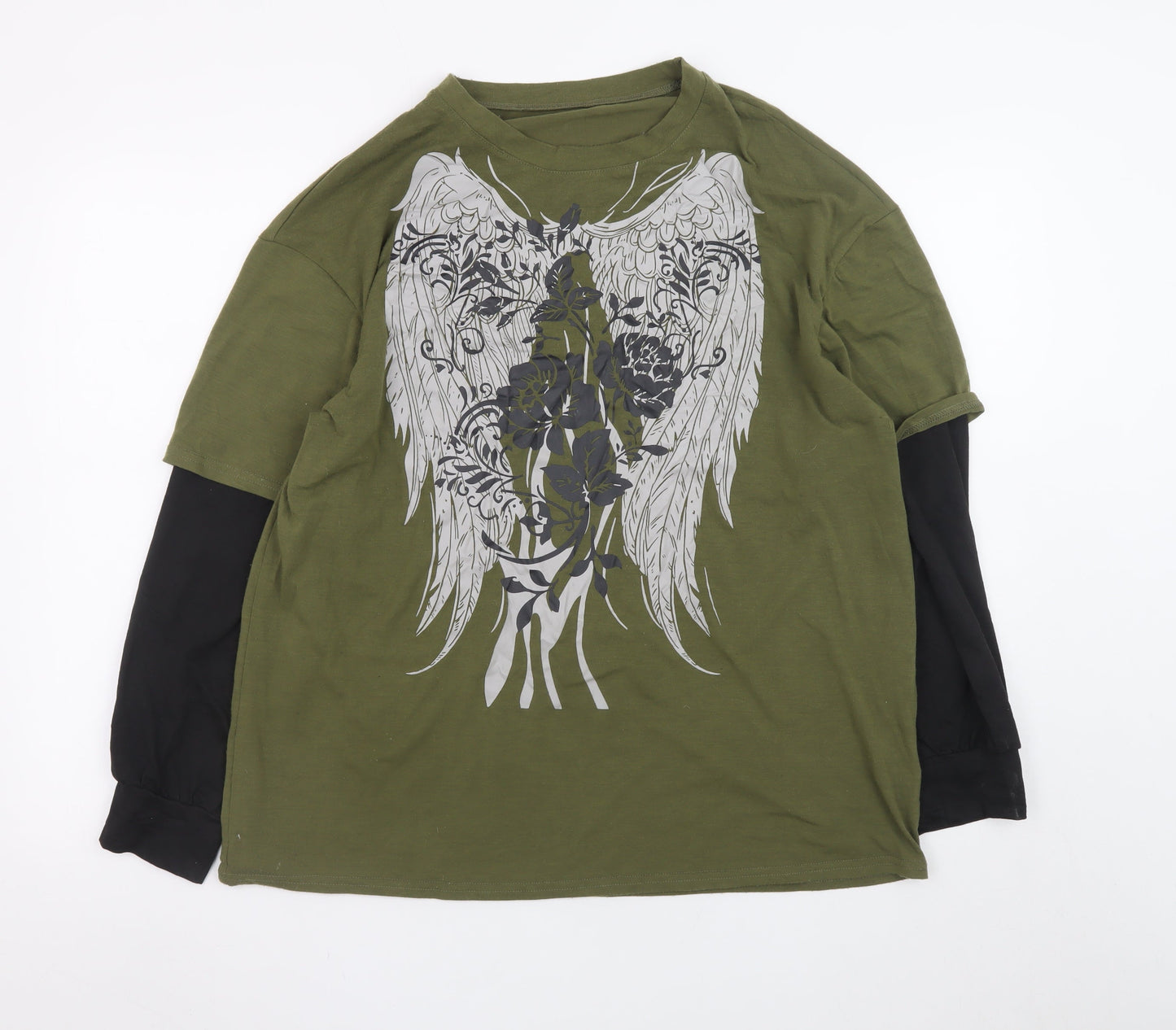 Romwe Men's Green XS Graphic Angel Wings Long Sleeve Layered T-Shirt
