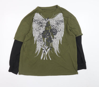 Romwe Men's Green XS Graphic Angel Wings Long Sleeve Layered T-Shirt