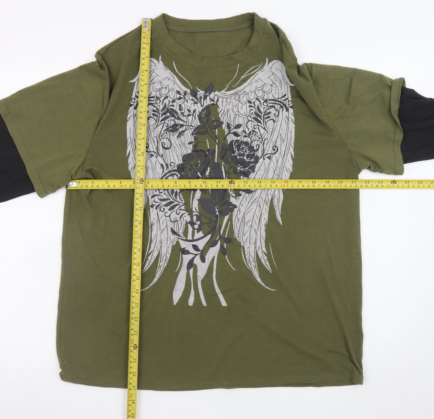 Romwe Men's Green XS Graphic Angel Wings Long Sleeve Layered T-Shirt