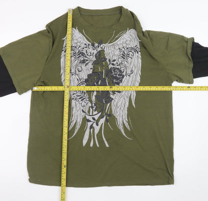 Romwe Men's Green XS Graphic Angel Wings Long Sleeve Layered T-Shirt