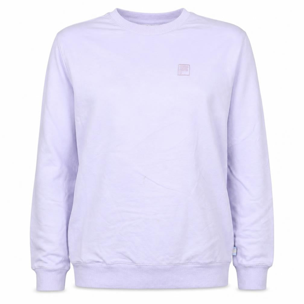 Front view of Fila women’s lilac crew neck sweatshirt, size S, casual logo pullover