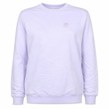 Front view of Fila women’s lilac crew neck sweatshirt, size S, casual logo pullover