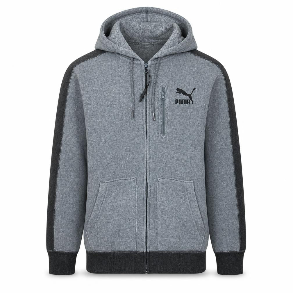 Front view of Puma Men's Grey Full Zip Hoodie, size M, Sport Lifestyle Fleece