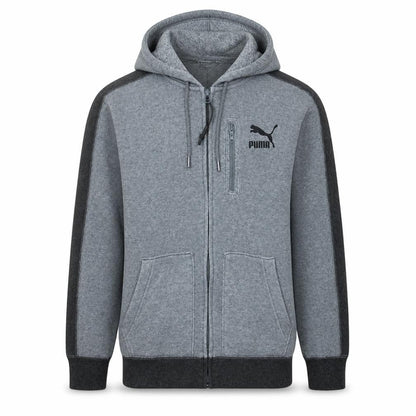 Front view of Puma Men's Grey Full Zip Hoodie, size M, Sport Lifestyle Fleece