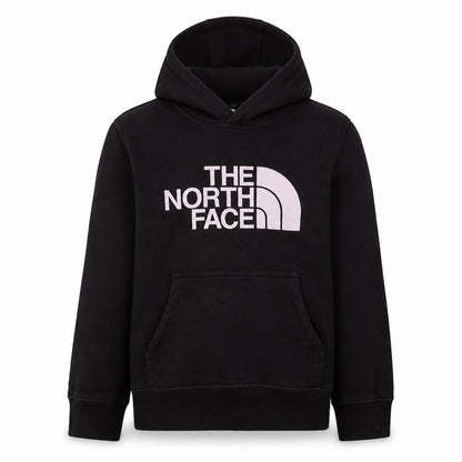 Front view of The North Face boys’ black pullover hoodie m full logo casual sweatshirt