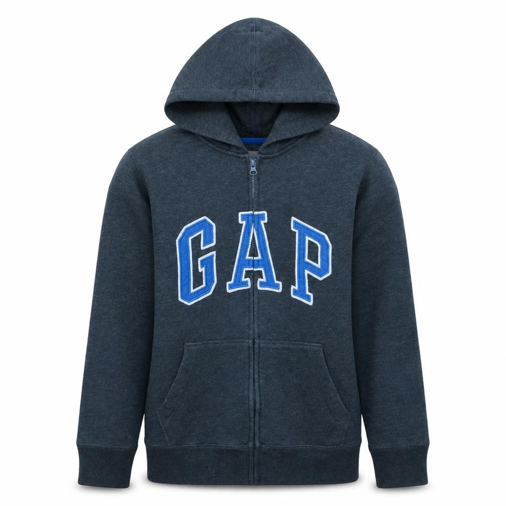 Front view of Gap Kids boys’ blue full zip hoodie, size 2XL, (14-16) cotton blend