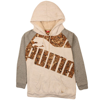 Puma Women Beige Grey Hooded Pullover Hoodie Size 14 L Lined Logo Print